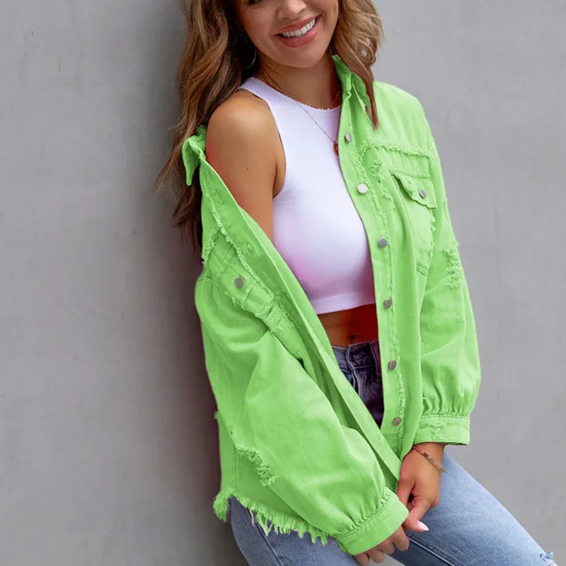 2025 New Denim Jacket Women Spring Autumn Long Sleeved Casual Lapel Top With Rough Edges Holes Denim Jacket Female Outerwear 2XL