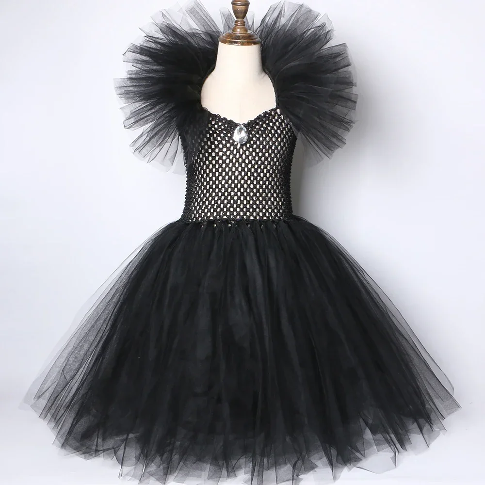 Girls Black Maleficent Tutu Dress with Horns Wings Dark Witch Evil Queen Costume for Kids Carnival Halloween Dress Up Clothes