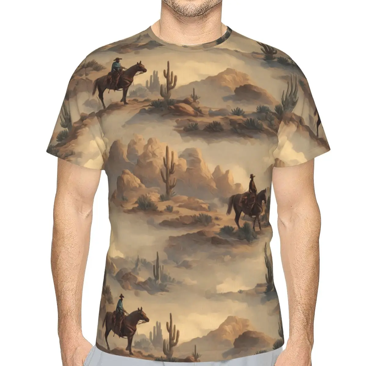 Cowboy In Desert Western Landscape Pattern 100% Cotton T-Shirt Men'sFunny T Shirts Men Crew Neck Short Sleeve