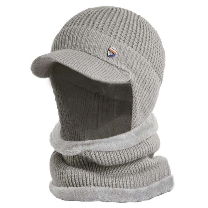 2 pz/set visiera paraorecchie berretto con sciarpa lavorato a maglia peluche foderato scaldino uomo inverno protezione per le orecchie cappello lavorato a maglia freddo e caldo