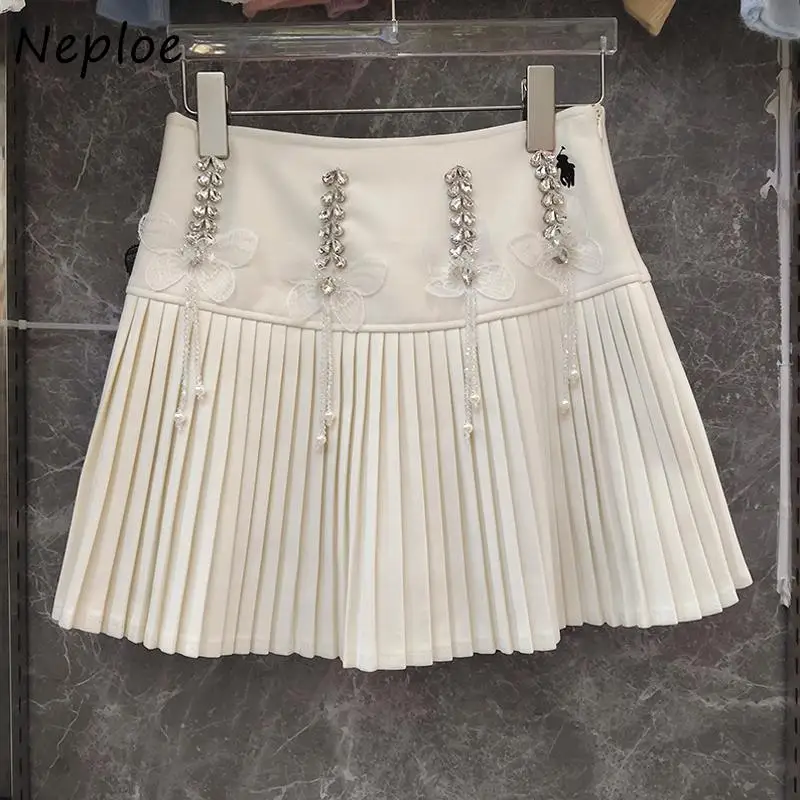 Neploe All-match High Waist Slim A-line Luxury Faldas Diamonds Bow Tassels Elegant Skirt Feminine Wool Pleated High Street Falda