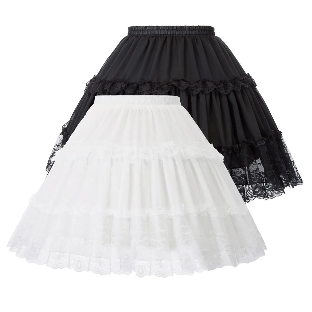 ผู้หญิงLolitaกระโปรงCrinoline PetticoatชุดราตรีกระโปรงVINTAGE Elasticเอว 2-LOOP Ruffles Swing Gothicกระโปรง