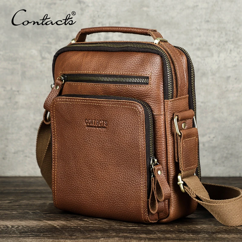 CONTACT\'S casual men\'s messenger bags genuine leather shoulder bags for man luxury brand male crossbody bag fashion for ipad