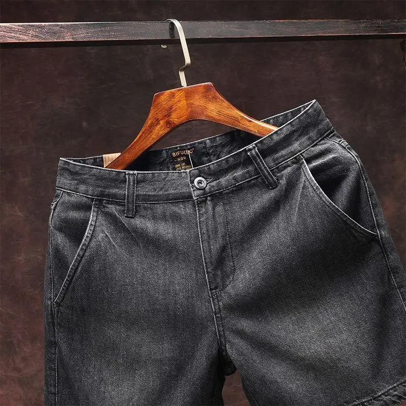 여름 미국 솔리드 3점 청바지 남성용 레트로 워시 트렌드 스트레이트 카우보이 캐주얼 다목적 짧은 스트리트웨어 하프 바지