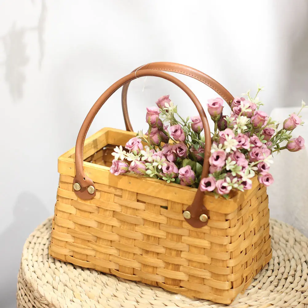 Elegant Wood Chip Flower Basket H Woven Plant Container Storage Basket Khaki Wooden Multi Functional Decorative Rattan