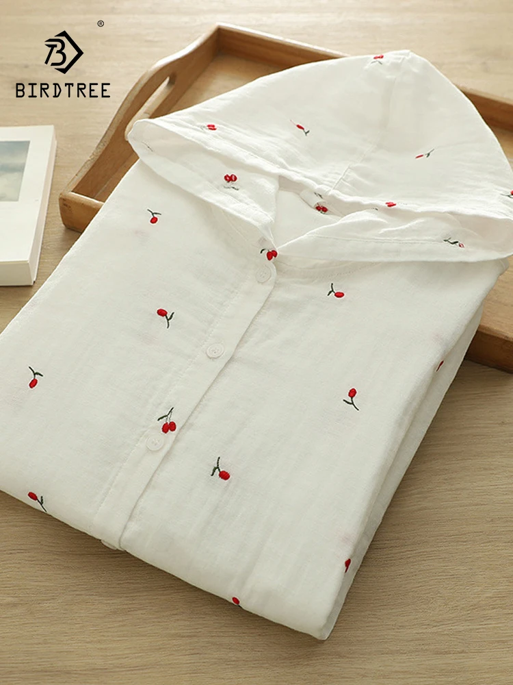 

New 2025 Autumn Cotton Hooded Shirt, Women Long Sleeve Cherry Embroidery, Mori Girl OL Commute Sunscreen Loose Blouse T57677CC