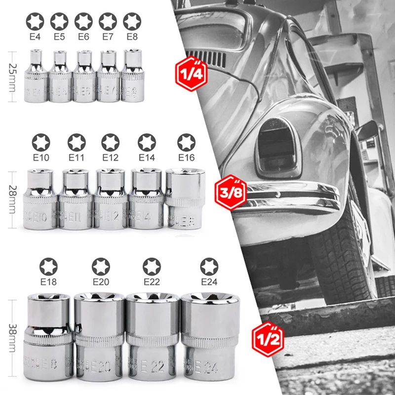 14pcs eulerovo císlo typ torx hvězda ženské štípnutí nástrčkový sada hasák sockets E4-E24 pro domácí DIY kovoobráběcí auto oprava nástroje