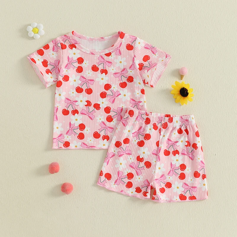 2Pcs Baby Girl Summer Outfits Short Sleeve Bow Cherry Print Tops + Shorts Set Toddler Kids Girls Fashion Clothes