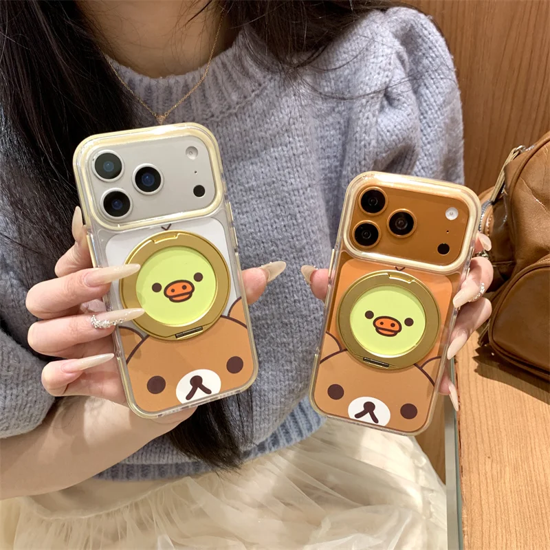 

New 2026 ins Cute Bear Duck Cartoon Phone Case For iPhone 17 Pro 16 15 14 Pro Max with 360° Stand Magnetic Shockproof Cover