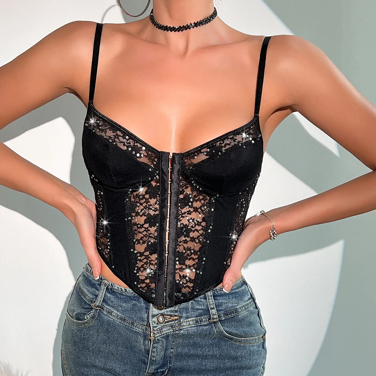 Summer Women Lace Sequin See-through Vest Mesh Bustier Tops with Buckle Sexy Sleeveless Sling Corset Camisole Lingerie Tank Top