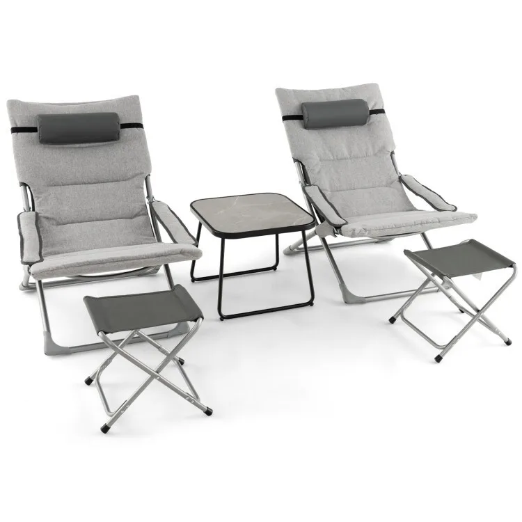 5PCS Outdoor Sling Chair Set Folding Lounge Chairs With Footrests & Coffee Table