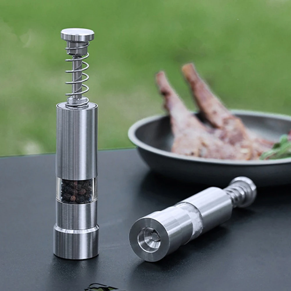 Single Hand Mini Salt Pepper Grinder Stainless Steel Thumb Push Pepper Spices Grinder Built-in Spring Kitchen Tool Accessories