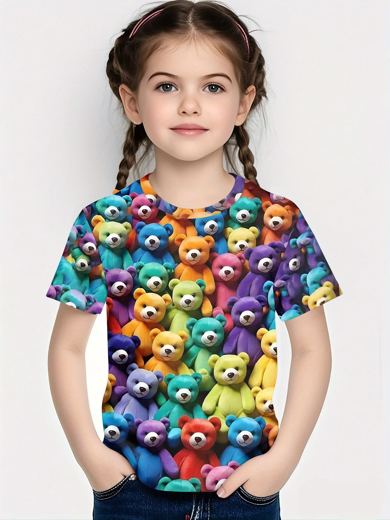 Trendy Kids Animal Print T-Shirt, Multi-Color Rainbow Teddy Bear Full Print, Short Sleeve Crew Neck Summer Top