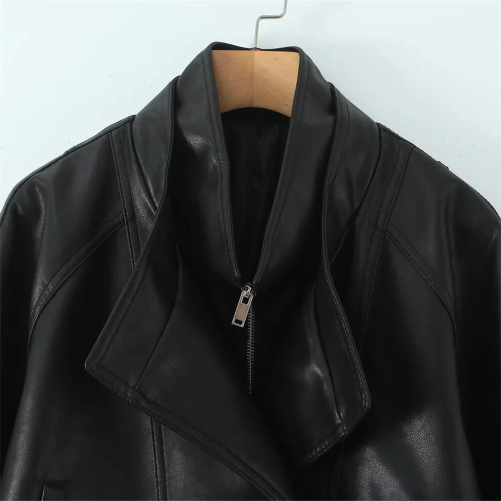 Veste en cuir PU pour femme, nouveau produit d'automne, Design de mode, Double col, taille dessinée, mi-longue