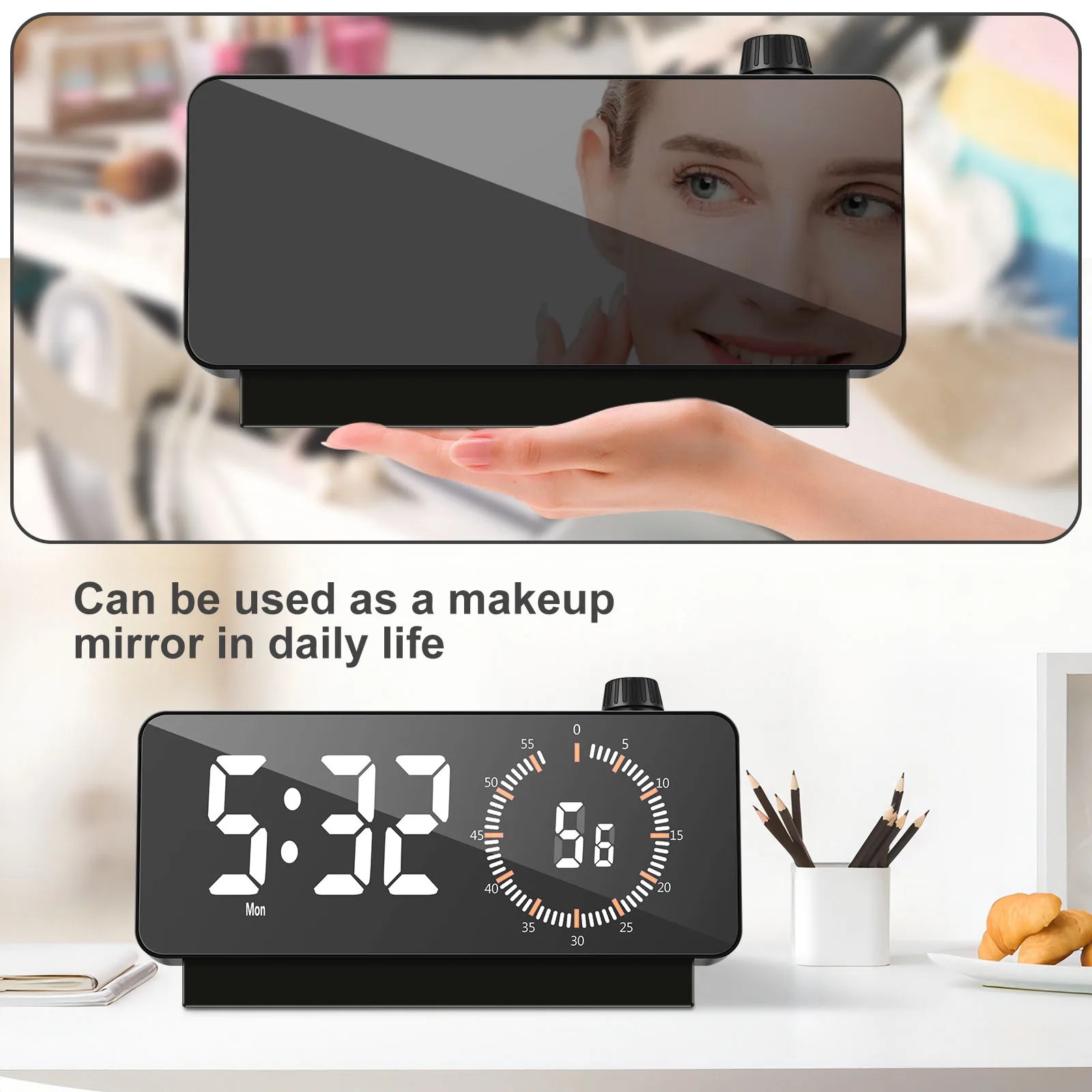 Mirror Alarm Clock with Timer LED Big Display Digital Desk Clock 3 Adjustable Brightness USB Countdown Timer Clock Visual Time