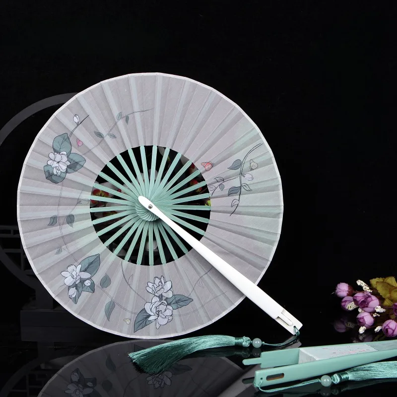 Chinese Style 360 Degree Rotating Folding Fan with Circular Lacquer Handle Craftsmanship Fan Portable and Portable Fan