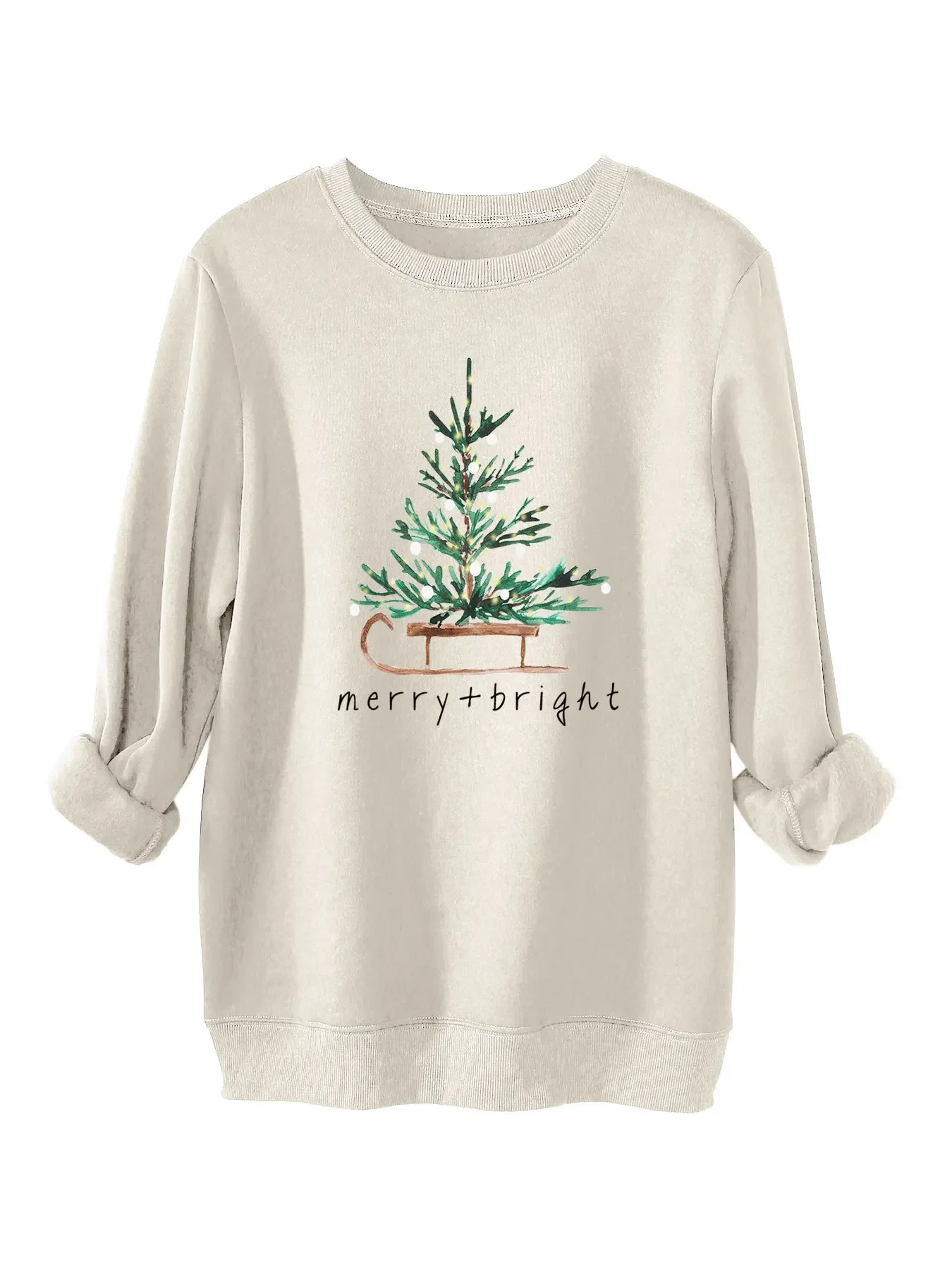 2025 Autunno Inverno Felpa spessa da donna O-Collo Luminoso albero di Natale stampato Top a maniche lunghe Pullover caldi da donna