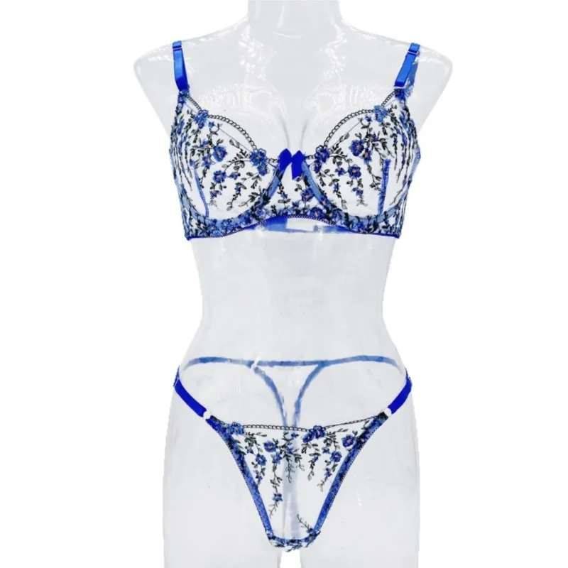Exotic Fairy Lingerie PushUp Bra Embroidered Tulle Sheer Mesh 3Piece Transparent Intimate Wear for Women - Image 4
