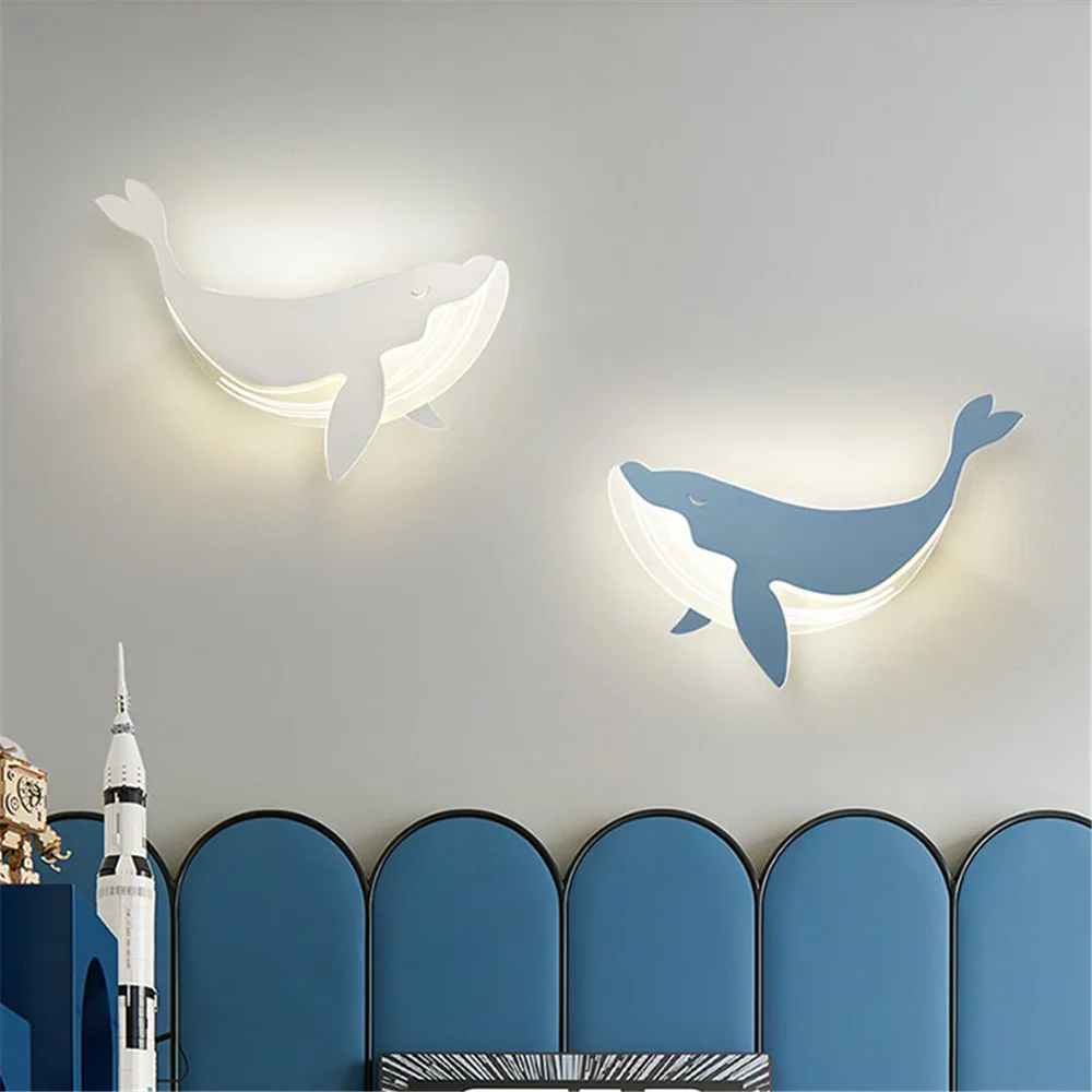 

Children'S Room Blue Dolphin Rabbit Acrylic Led Wall Lamp Kids Bedside Study Hallway Kindergarten Sconces Home Deco Night Lights