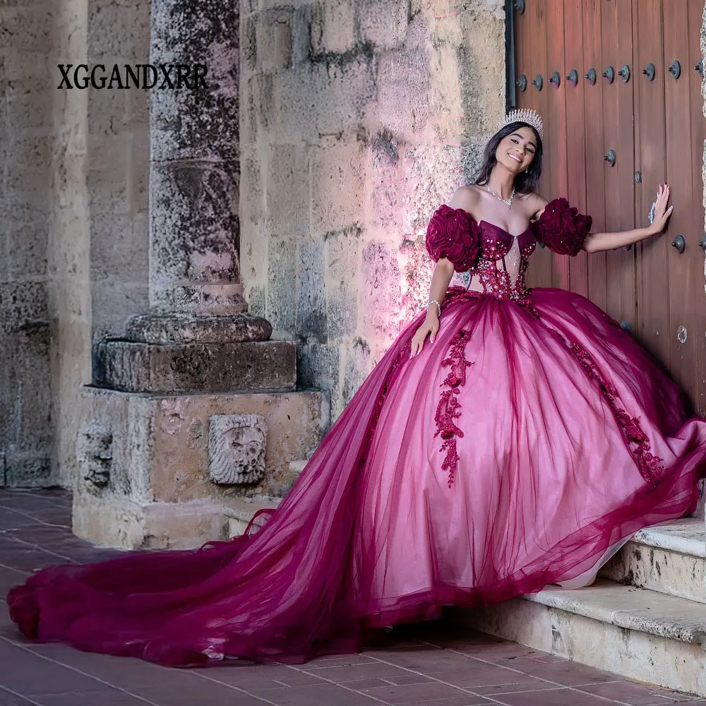 Customized Burgundy Mexican Vestidos De 15 Quinceañera 3D Floral Applique See Through Ball Gown Sweet 16 Quinceanera Dress 2026