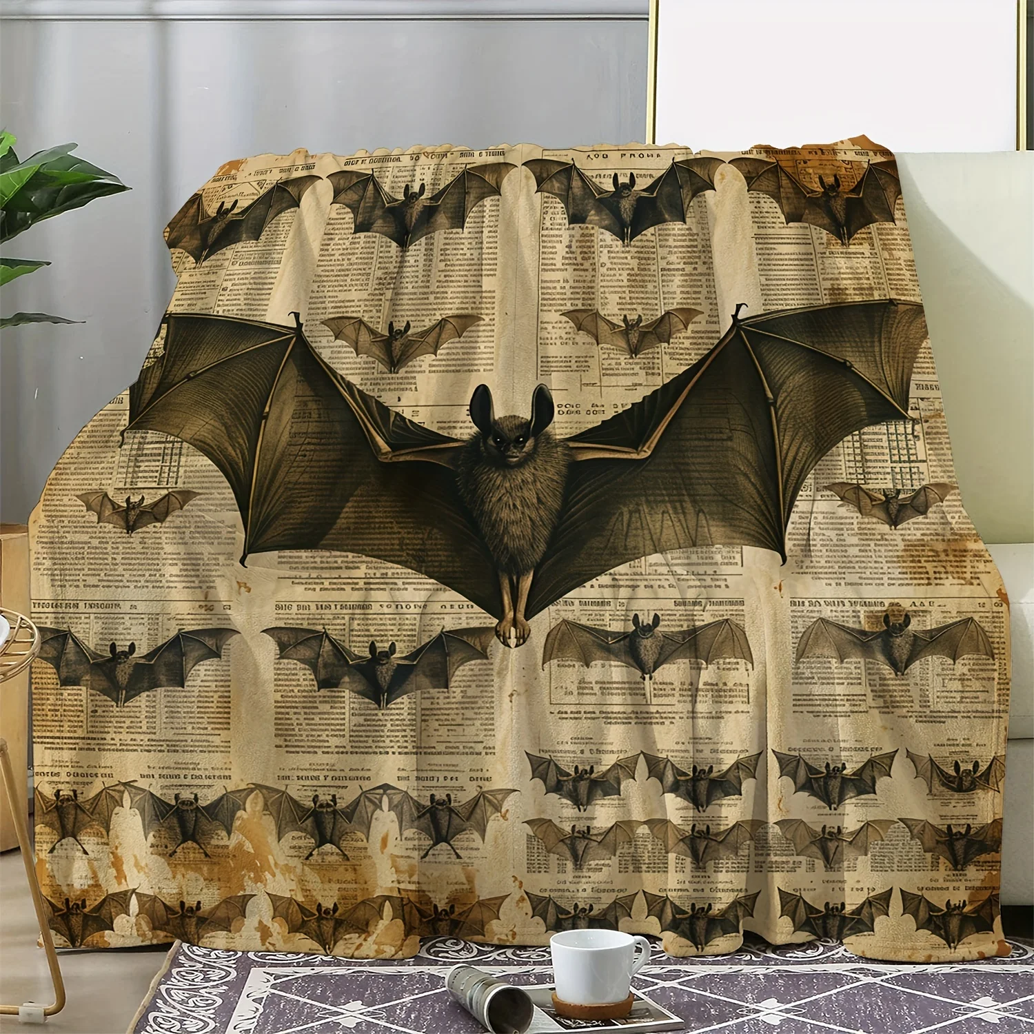 

1 Vintage Halloween Bat Print Flannel Blanket - Cozy, Soft, and Warm with Newspaper-Style Design, Ideal for Sofa, Bed, Car