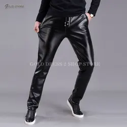 Spring Summer Men Leather Pants Elastic High Waist Lightweight Casual PU Leather Trousers Thin Causal Trousers