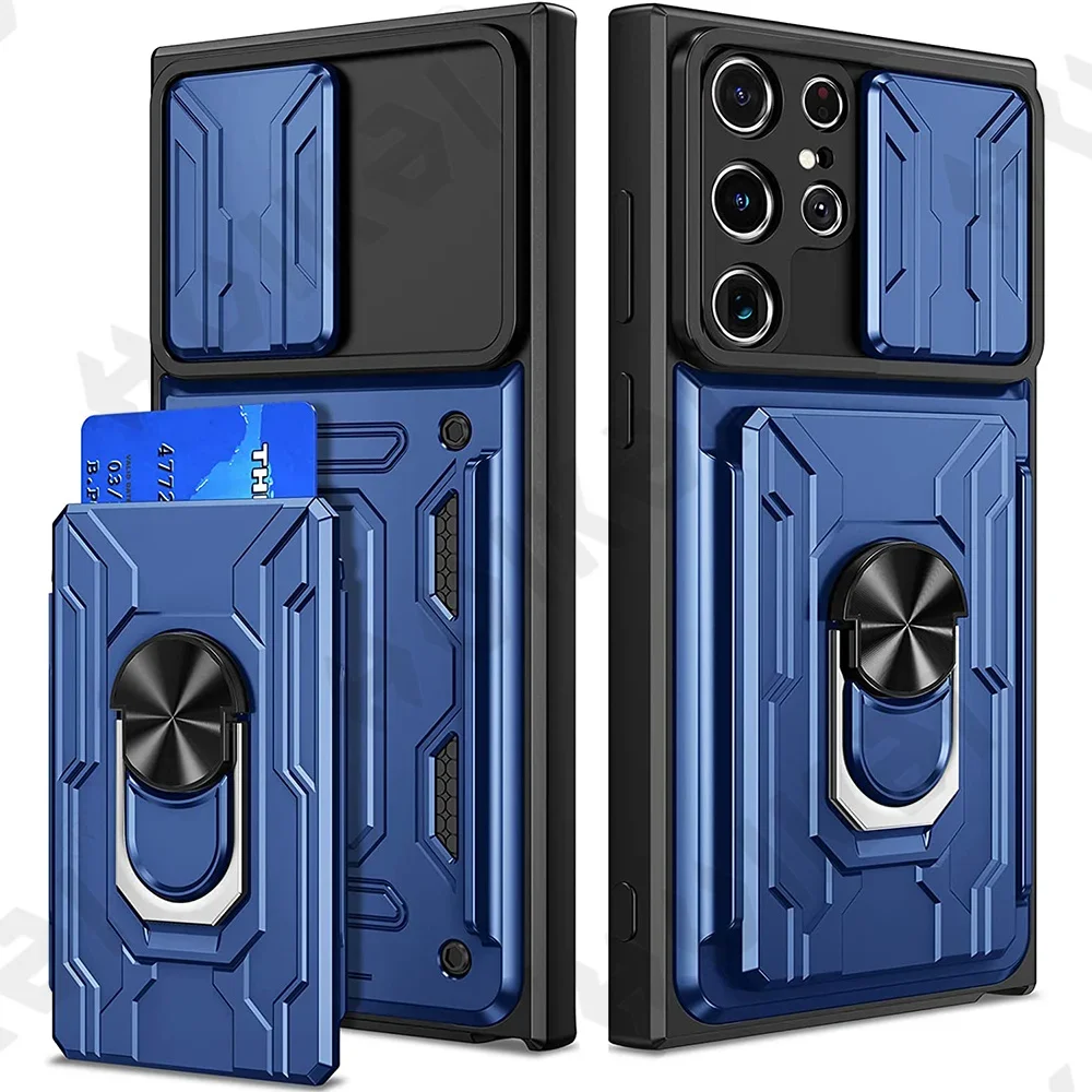 Case For Samsung Galaxy S25 S24 S23 S22 S21 Ultra Plus S20 FE A55 A35 A54 A14 4G 5G Slide Camera Card Holder 360° Ring Cover