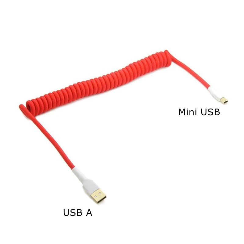 Coiled USB Type A to Mini USB T-shaped Stretch Spring Curl Mechanical Keyboard data Cable Mini-USB To Type-A 25cm 1.5m