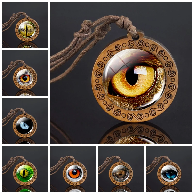 Animal Eyes Dragon Snake Owl Cat Tiger Eyes Glass Cabochon Necklace Handmade Wood Pendant Rope Chain Necklace for Men Women