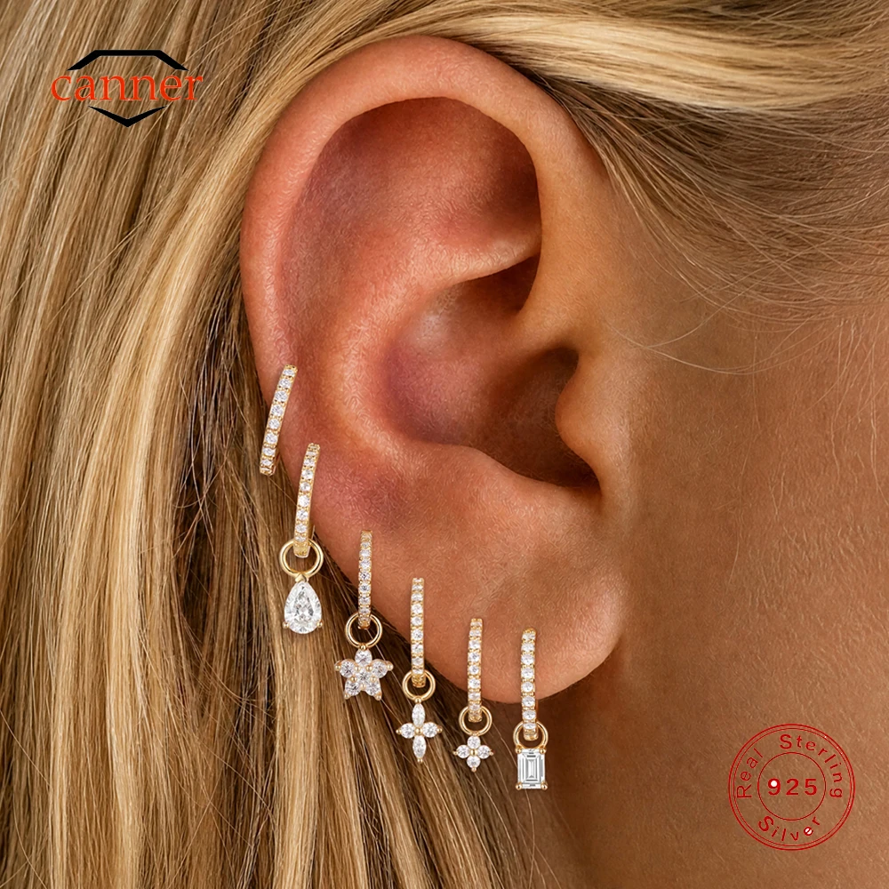 CANNER 1PC 925 Sterling Silver Charms CZ Heart Star Snake Pendant for DIY Earring 18k Gold Plated Jewelry Making Women Gift