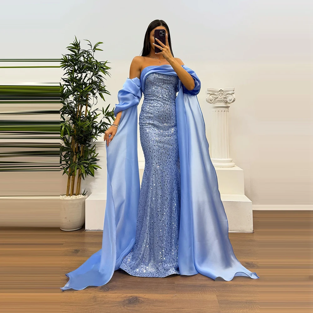 فساتين سهرة نسائية زرقاء أنيقة لعام 2026 عتيقة مكشوفة الكتف فساتين حفلات حورية البحر وحفلات الكوكتيل فيستدو بارا موجر مخصصة