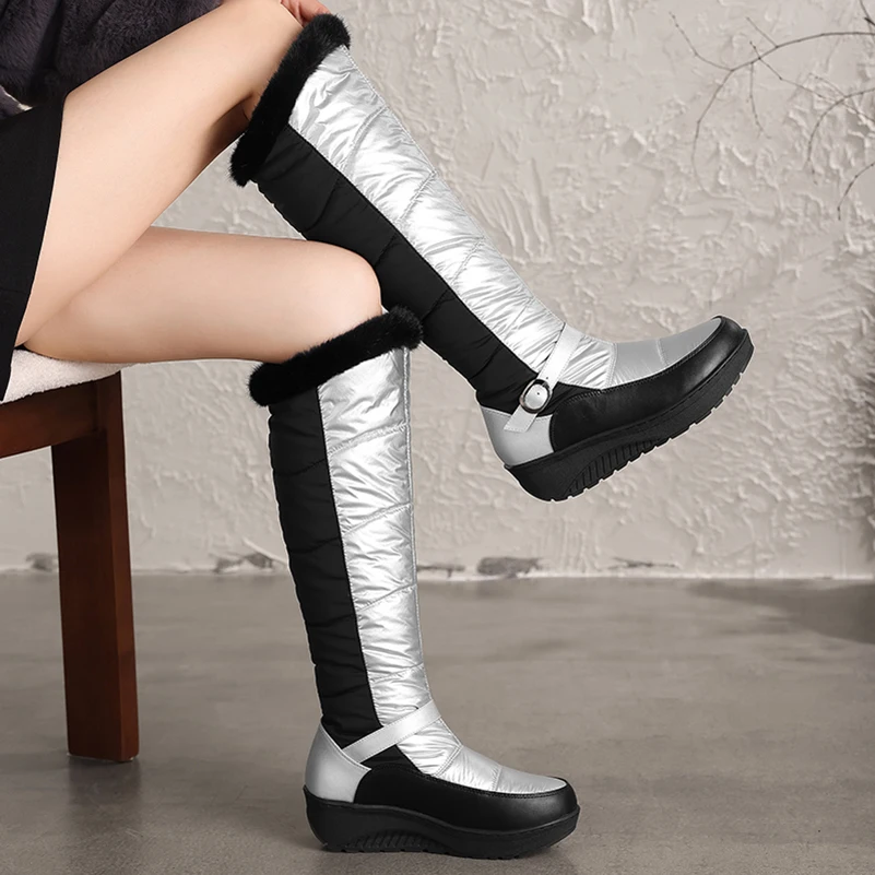 Women Winter Snow Boots Knee High Warm Fur Lined Boots Quilted Platform Wedge Boots Side Buckle Non-slip Cotton Padded Shoes