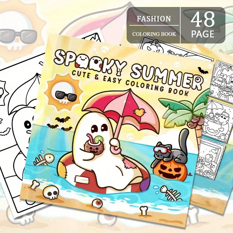 

Spooky Summer Adult Coloring Book - Ghost, Pumpkin, Tropical Beach Themes - No drawing skills required, fun designs
