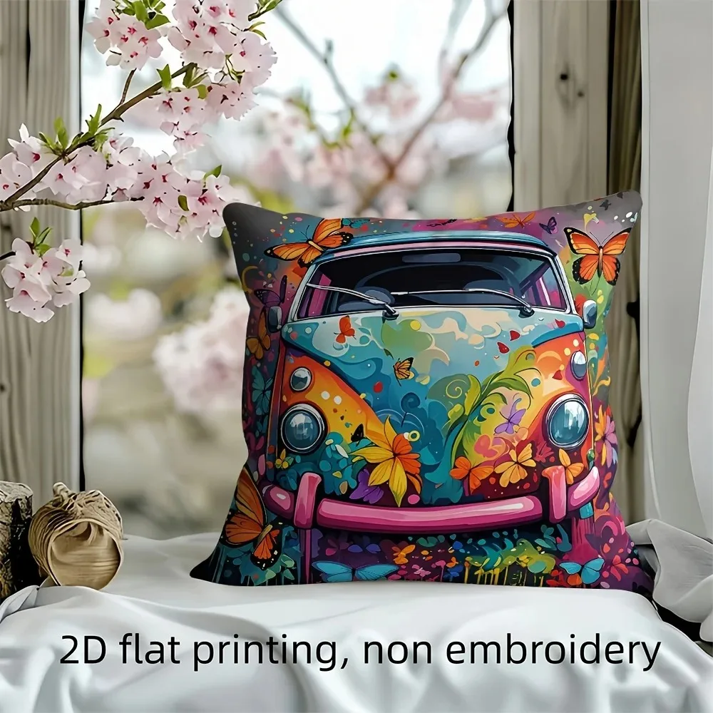 Retro Hippie Bus Colorful Flower Pillowcase 2D Flat Printed Peach Skin Vintage Camper Van Cushion Cover for Living Room Sofa