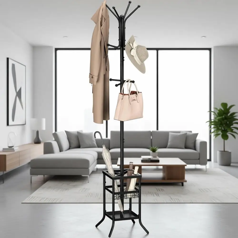 

Металлическая вешалка для одежды с 12 крючками и подставкой для зонтов для прихожей, гостиной или офиса
