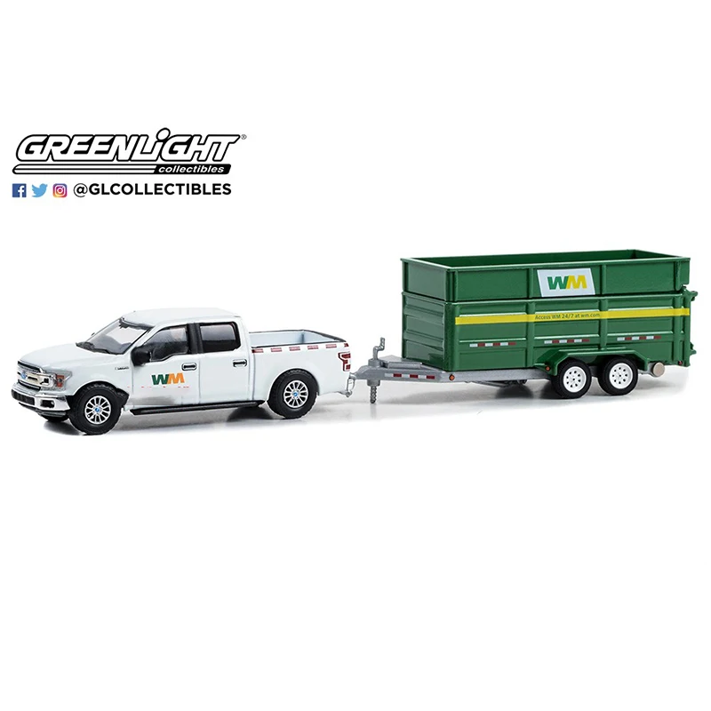 Greenlight 1:64 2018 F-150 Waste Management and Dual Axle Dump Trailers Series Diecast Model Alloy Car Child Christmas Gift