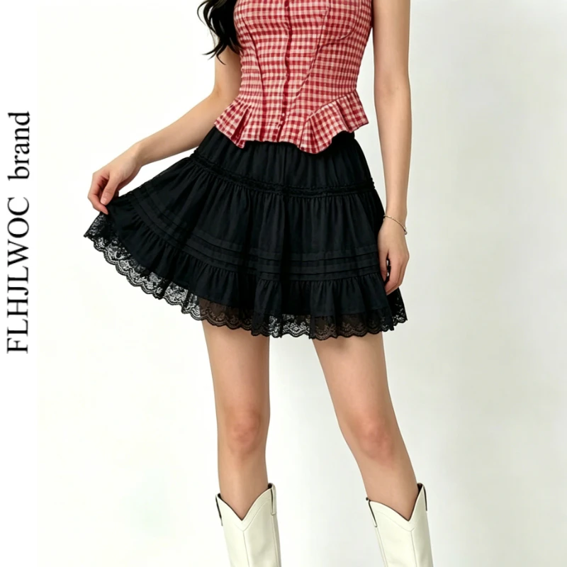 Women High Waist Elastic White Lace Pleated Short Skirts Lolita Style Slimming A-Line Solid Cake Casual Ruffle Layer Mini Skirt