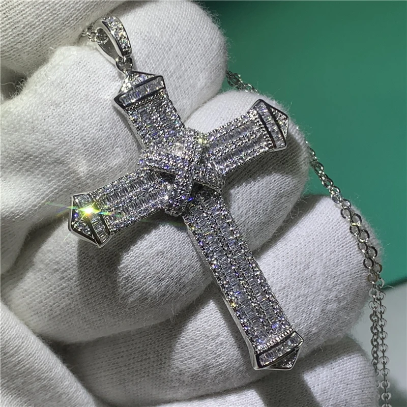 Hot Sell Sparkling Luxury Jewelry 925 Silver Color Full White Clear 5A Cubic Zircon Cross Pendat Women Bridal Necklace Gift