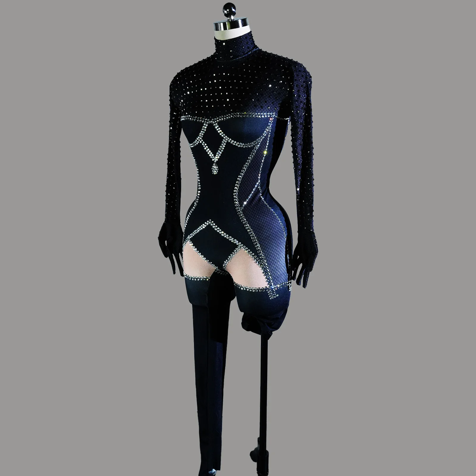 Sexy High Neck Long Sleeve Spandex Blend Jumpsuit with Silver Sequin Trim Singer Dancer Drag Queen Outfit Costume Performance