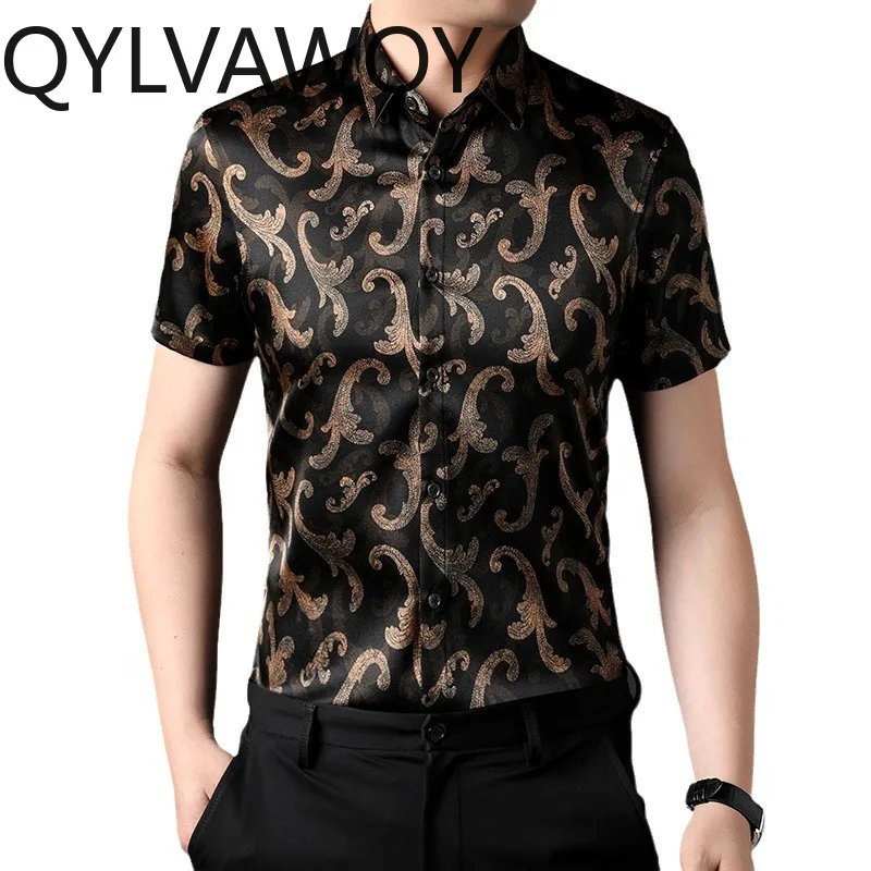 

QYLVAWOY 92% Real Mulberry Silk Men's Shirts Summer Printed Shirts Short Sleeve Tops High-end Menswear Clothing Business Casual
