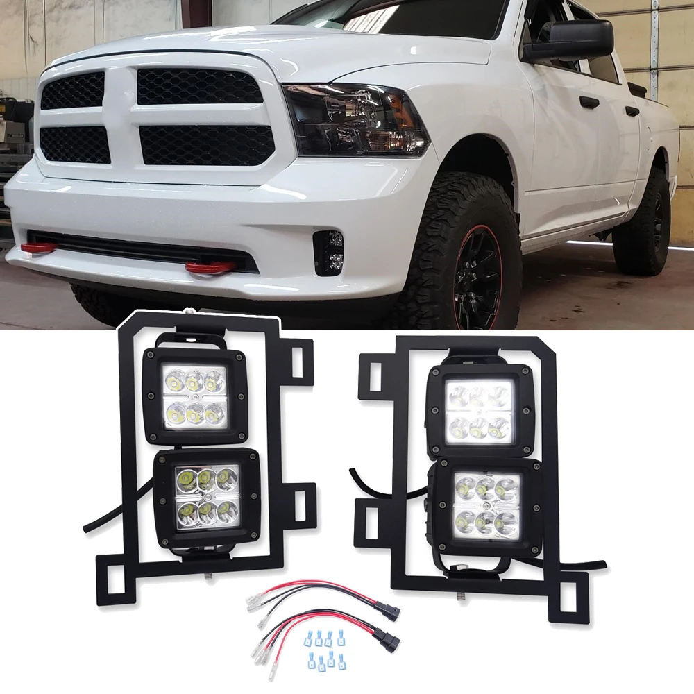 

For 2013-2018 4th Gen Dodge RAM 1500 4x 18W 3 inch LED Fog Lights and Front Bumper FogLamp Mount Brackets with Wiring Kit