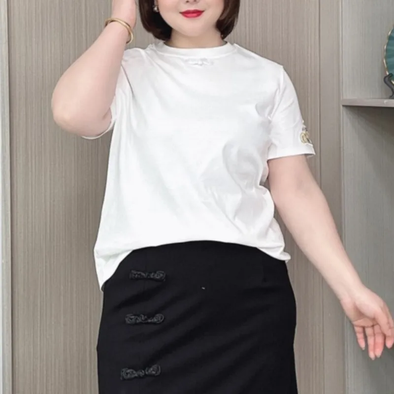 Cotton Short-sleeved T-shirt Women 2024 Summer New Style Plus Size Chinese Style Embroidered Buttons Loose Top