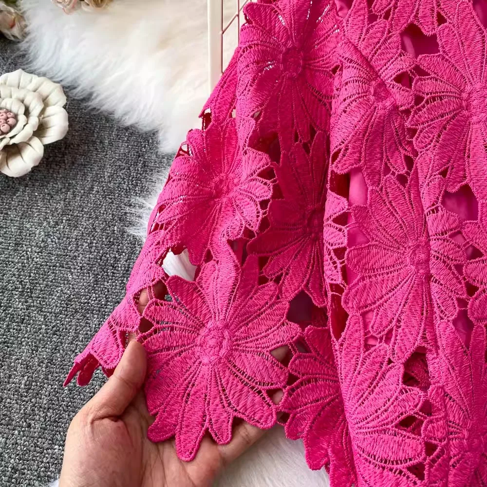 Vintage 2 Piece Sets Women Outfit O-Neck Zipper Short Tops + Lace Embroidery Hollow Out A-Line Skirt Beach New Two Piece Set