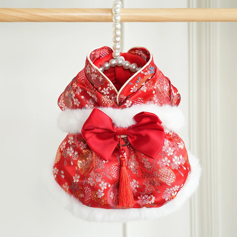 

Новогодняя праздничная одежда для собак: плюшевый бишон, померанский шпиц, для маленьких собак, зима-осень, в китайском стиле, для принцев-пёсов