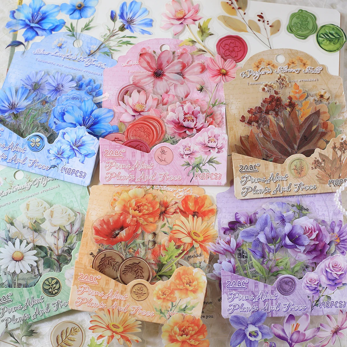 Journamm 40pcs PET Flowers and Leaves Stickers English Label Wax Seal Pattern Handbook DIY Decorative Sticker Scrapbook Supplies