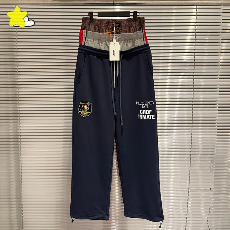 Hip Hop Three Layer Waist Protocol Index Sweatpants Men Women Best Quality Cotton Color-Blocking Patchwork Elastic Pants Tag
