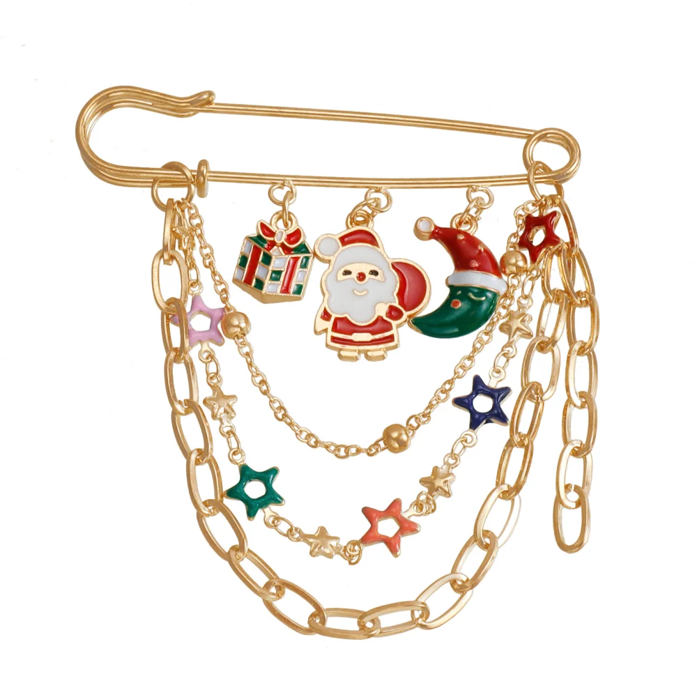 Christmas Themed Multi-layer Chain Pin Cute Santa Claus Gift Star Brooch Xmas Christmas Style Clothing Pins Accessories