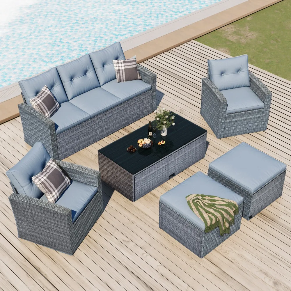 6-Piece Outdoor Conversation Sectional Set, All-Weather Rattan Patio Sectional Sofa Set with Coffee Table, Patio Furniture Sets