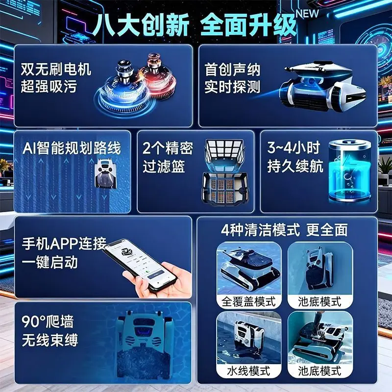 Intelligent Wireless Pool Cleaner – Auto Bottom Vacuum & Wall-Climbing Robo