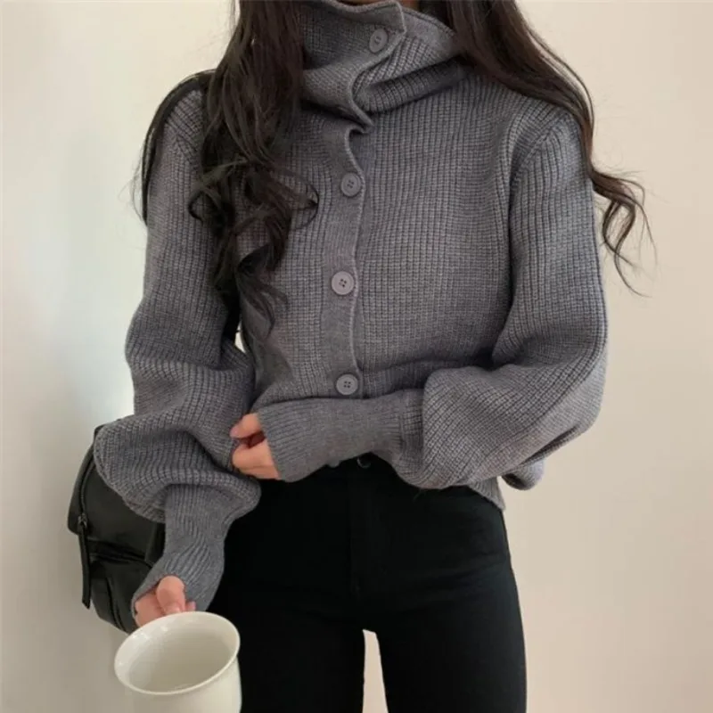 Korean Autumn Winter Women\'s Cardigan Sweater Temperament High Collar Lapel Single-breasted Sweaters Simple Loose Knit Coats Top